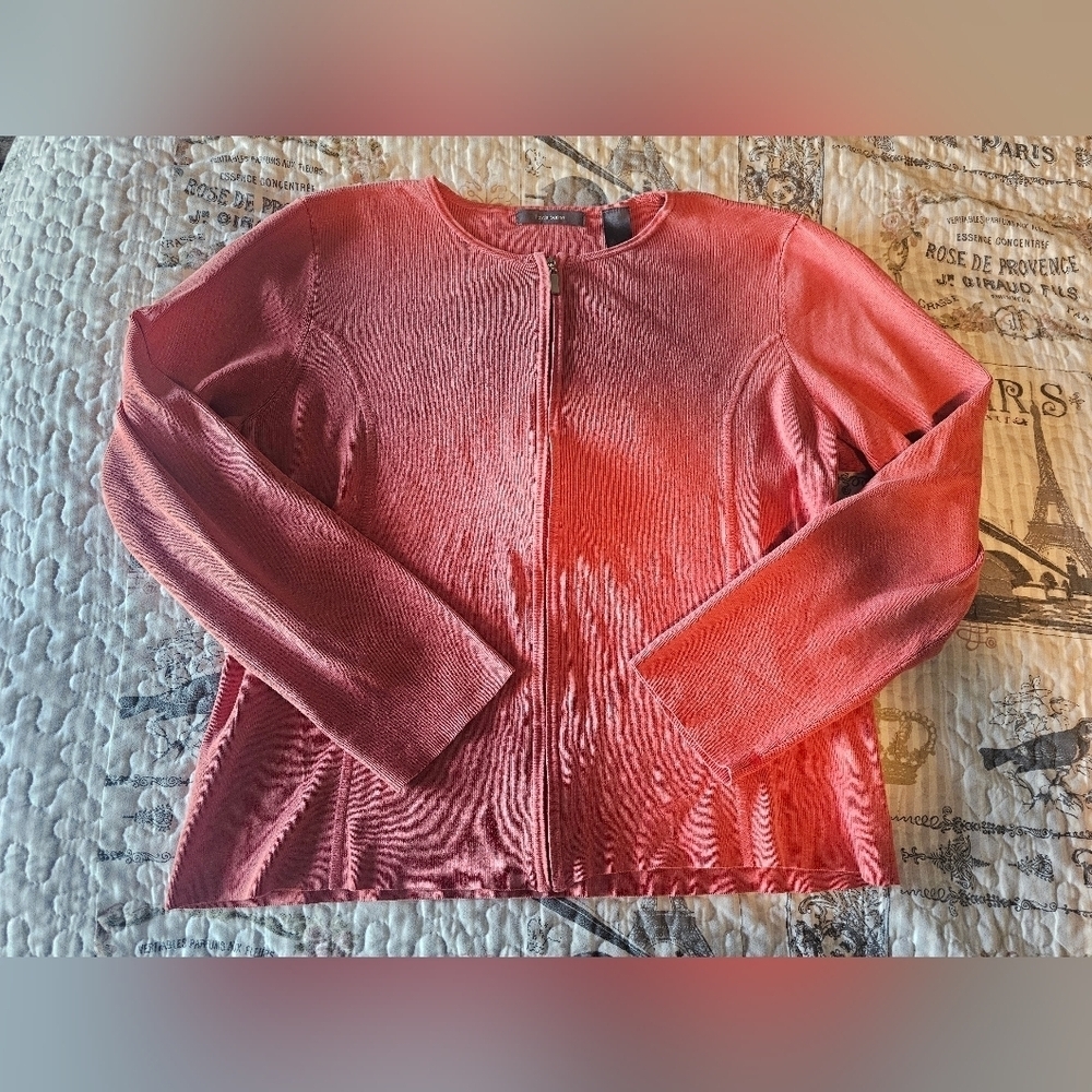 Liz Claiborne Coral Zip-Up Ribbed Cardigan Sweater Size XL SILK Blend